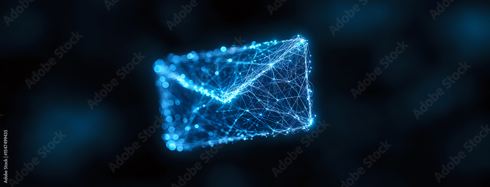 Poster glowing blue digital envelope made of connected dots and lines floating on dark background, represen