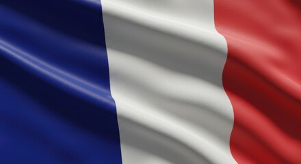 Obraz premium Close-up shot of the national flag of France, waving in the wind, detailed fabric texture, sunlight softly reflecting on the folds, cinematic lighting, shallow depth of field, realistic wind movement,