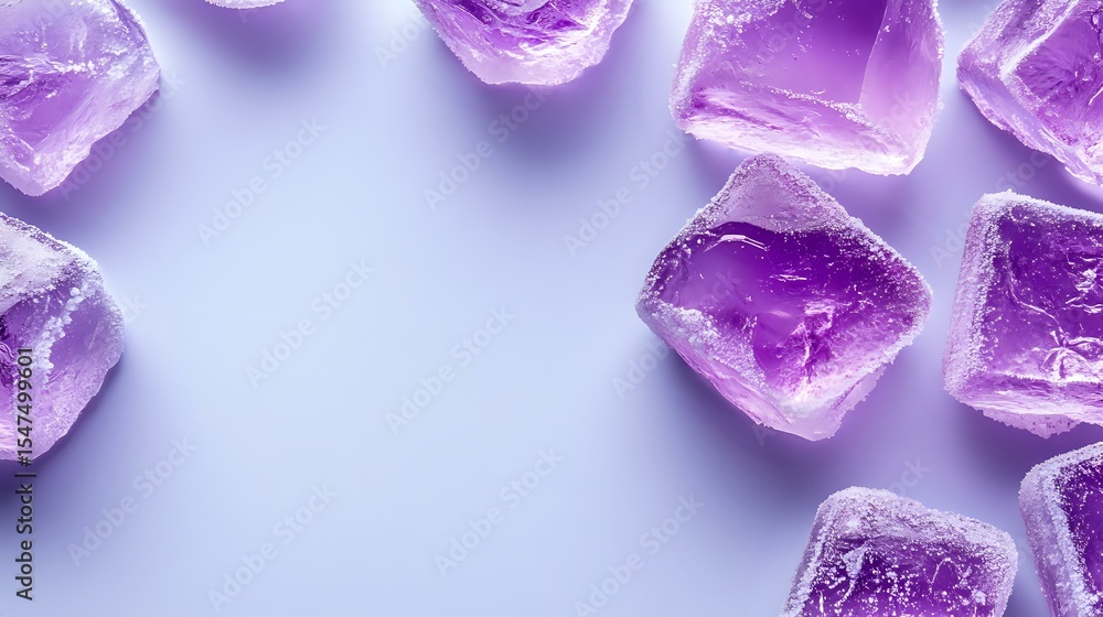 Poster purple translucent ice cubes scattered on light purple background with soft shadows and copy space, 