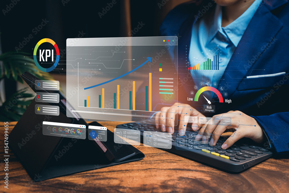 Poster professional business analysis with digital screen and interactive charts displaying key performance