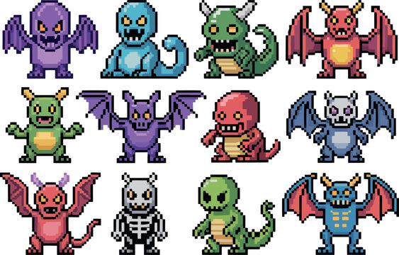  pixel art illustrations of monsters. It shows twelve different stylized creatures. They are colorful and have unique designs.