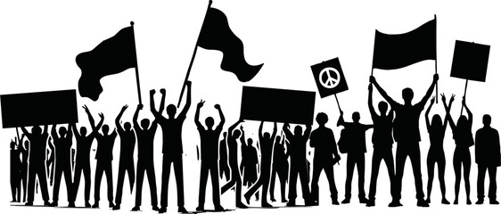 Group of people protesters vector silhouette illustration isolated. Man hand holding sign. Empty banner plate. Blank protest flag. Political agitation campaign. Demonstration social laborers rights