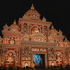 Illuminated Durga Puja Pandal at Night