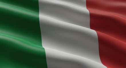 Obraz premium Close-up shot of the national flag of Italy, waving in the wind, detailed fabric texture, sunlight softly reflecting on the folds, cinematic lighting, shallow depth of field, realistic wind movement, 