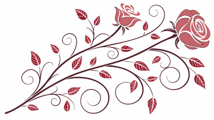 Decorative floral design element and ornament with red roses, leaves, elegant swirling vines, vintage style vector.