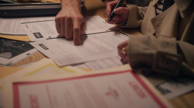 agents or detectives reviewing and discuss classified documents, desk. sensitive paperwork marked "confidential". espionage, investigation, top-secret intelligence. crime, spy, or conspiracy content.