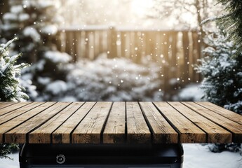 Winter Wonderland Wooden Tabletop Snowy Background