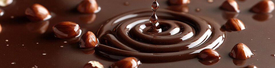 Chocolate droplets forming a spiral around floating hazelnuts, with a shallow depth of field and soft focus background