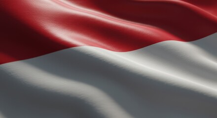 Fototapeta premium Close-up shot of the national flag of Monaco, waving in the wind, detailed fabric texture, sunlight softly reflecting on the folds, cinematic lighting, shallow depth of field, realistic wind movement,