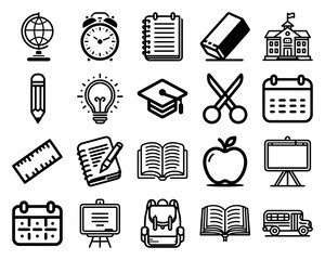 Set of Minimalist Black and White Vector Illustration of Back to School Essentials