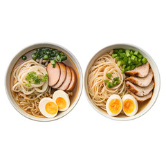 Variety of Noodle Bowls A line art illustration showcases a collection of diverse ramen bowls, each filled with delectable noodles and toppings, presented in a minimalist style.
