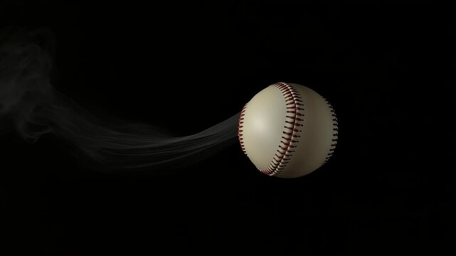 A baseball is in the air with smoke coming out of it. The smoke is white and it is coming out of the ball