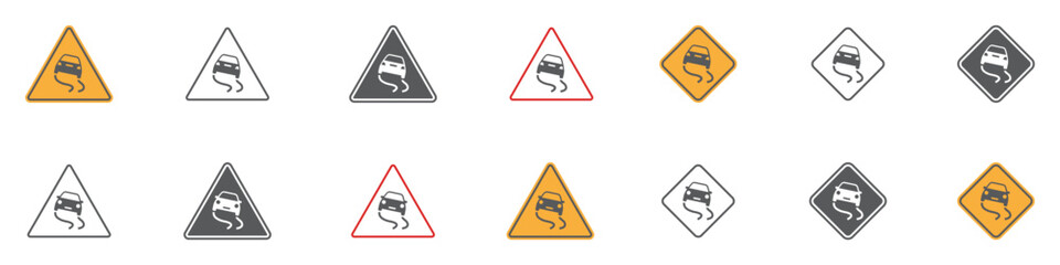 Set of slippery road traffic signs. Skid risk, triangle sign, car driving on ice. Vector. EPS10.