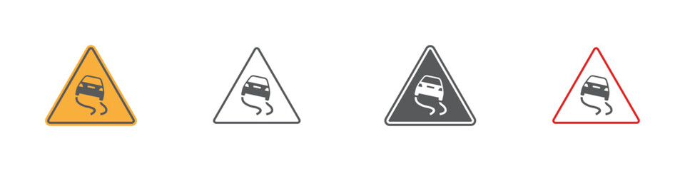 Set of slippery road traffic signs. Skid risk, triangle sign, car driving on ice. Vector. EPS10.