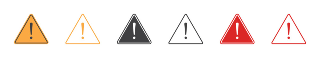Set of triangle warning signs. Exclamation mark danger, warning attention icon, fatal error message, caution. Vector illustration. EPS10.