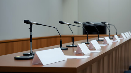 Microphones and nameplates waiting for politicians in conference room