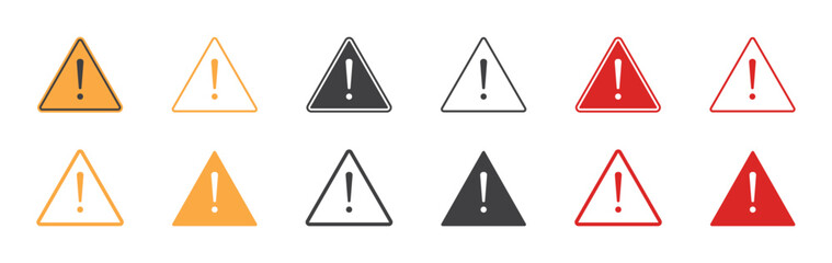 Set of triangle warning signs. Exclamation mark danger, warning attention icon, fatal error message, caution. Vector illustration. EPS10.