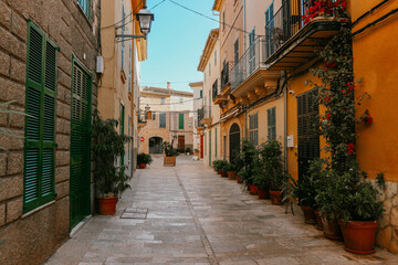 narrow street in the old town with old houses with flowers in mediterranean island many plants