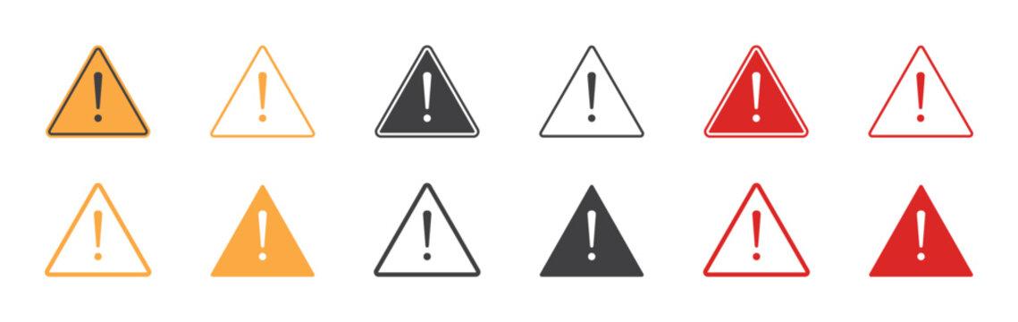 Set of triangle warning signs. Exclamation mark danger, warning attention icon, fatal error message, caution. Vector illustration. EPS10.