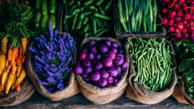 Colorful vegetables and lavender in burlap sacks at a market Carrots green beans purple potatoes and radishes are