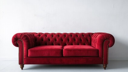 Elegant Red Velvet Chesterfield Sofa Against a Crisp White Wall Backdrop