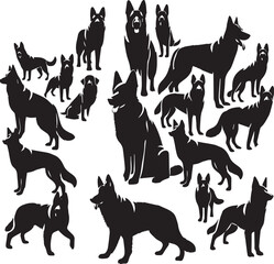 German Shepherd Dog Silhouette Vector | Black and White Illustration	