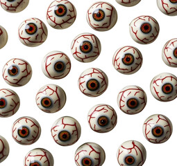 A pattern of many realistic eyeball candies with red veins on a black background halloween theme