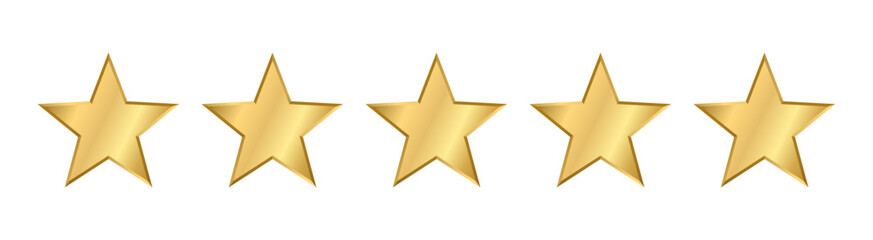 Realistic five thin gold star with metallic effect. 5 elements for Awards, medals, rating designation, hotels status on a transparent background. Customer feedback, review. Isolated Vector EPS10