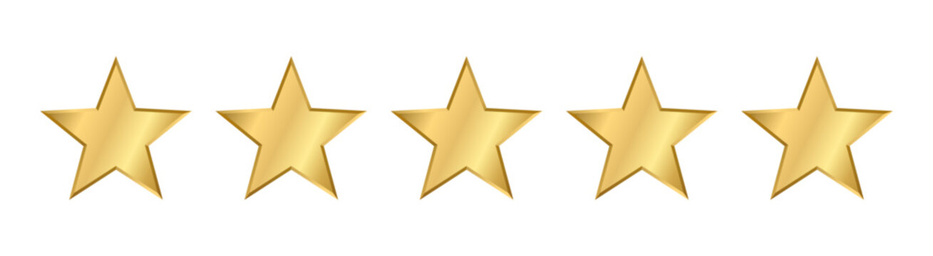 Realistic five thin gold star with metallic effect. 5 elements for Awards, medals, rating designation, hotels status on a transparent background. Customer feedback, review. Isolated Vector EPS10