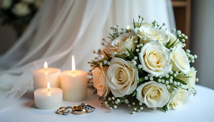 Elegant wedding bouquet of white roses and baby's breath with glowing candles and rings, wedding bouquet with candles
