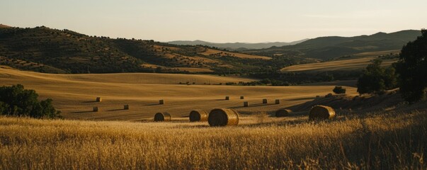 Golden Hour Over Rolling Hills and Hay Bales in Countryside Landscape