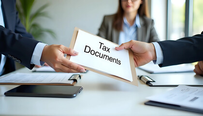Close up of business professionals exchanging tax documents, modern office setting background