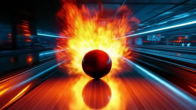 A bowling ball with fire on it is rolling down a bowling lane. The ball is surrounded by a bright orange glow, creating a dramatic and intense atmosphere. The scene captures the excitement