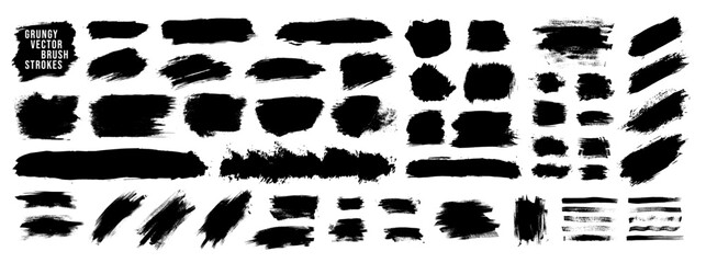 Brush stroke paint splashes. Vector set of brush paint ink shape elements. Black dirty grungy texture Korean distressed frames. Japanese design ink stains. Chinese isolated blots. Diagonal sporty bg