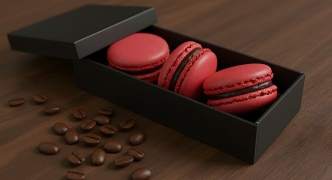 Red macarons in black box with coffee beans on wood table. Delicious french dessert sweet treat. Pastry for gift on Valentine's day. - Powered by Adobe