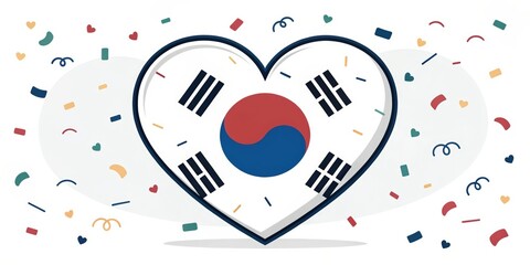 Obraz premium Heart-shaped design featuring the South Korean flag and colorful confetti for celebrations and events