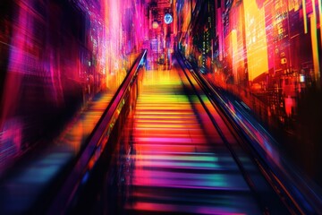 Abstract Vibrant Cityscape with Escalator Leading into the Future