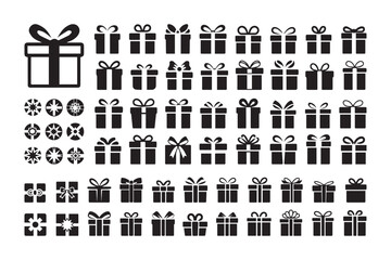 Gift box icon set. Collection of present silhouettes with ribbons and bows. Simple black vector symbols for birthday, Christmas, and holiday celebrations