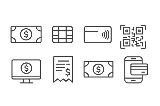 Payment Method Icons. Line style icons of payment methods: cash icon, credit card chip, contactless pay, QR pay. online banking,