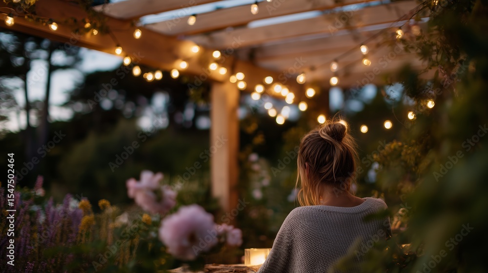 Poster evening relaxation in a garden with string lights illuminating a peaceful setting