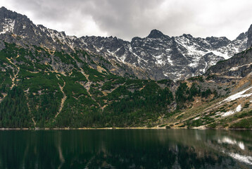 lake water reflections of snowed mountains with green forest and cloudy day