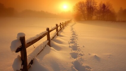 Golden Sunrise Illuminating Winter Landscape with Snow-Covered Fence