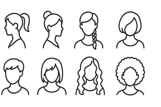 Women's Hairstyles Icons. Line style icons of women&rsquo;s hairstyles: ponytail, bun, braid, bob cut. pixie cut, layered hair, long