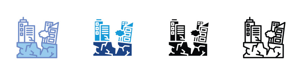 Earthquake Damage Icon Set - Collapsed Buildings and Cracked Ground Symbols in Color, Flat, and Outline Styles for Web and App Design