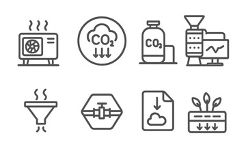 Climate Tech Icons. Line style icons of climate tech and green innovation: carbon capture machine icon, direct air capture badge,