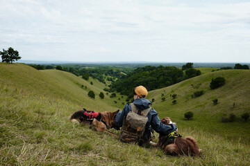 Woman with two dogs sits on the edge of a hill, watching a picturesque valley in Serbia. Rear view....