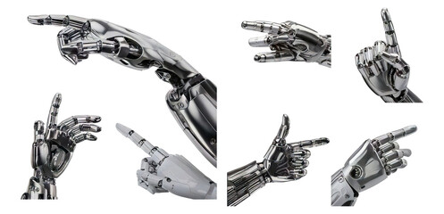 Futuristic Robotic Hand Gestures in Metallic Design and Detail, Isolated on Transparent, white background