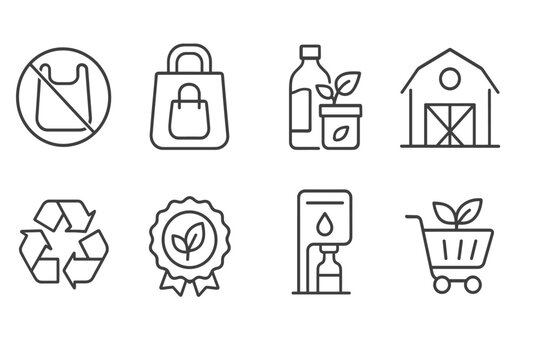 Eco-Friendly Shopping Icons. Line style icons of eco-friendly shopping: no plastic bag, bring your own bag, sustainable products,