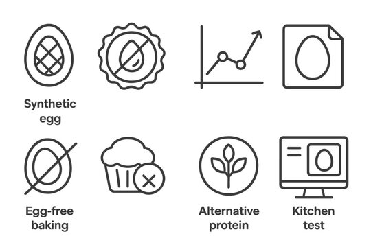 Future Food Icons. Line style icons of future food and nutrition: synthetic egg icon, animal-free yolk badge, recombinant protein