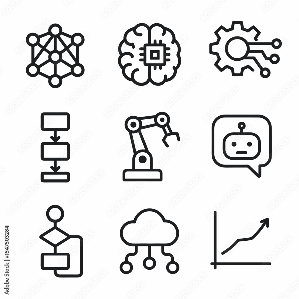 Poster ai icons collection. outline icon set of ai and machine learning hotspots: neural network, brain chi